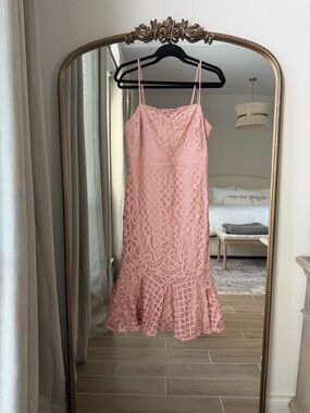 Lulu's Blush Pink Lace Midi Dress with Flared Hem